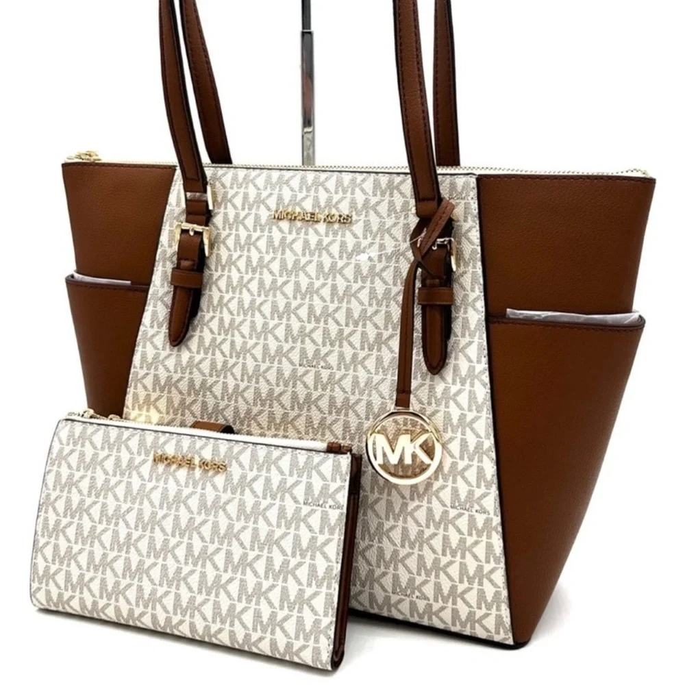Michael Kors Large Charlotte Tote Bag & Large Double Zip Wallet Vanilla/Brown
